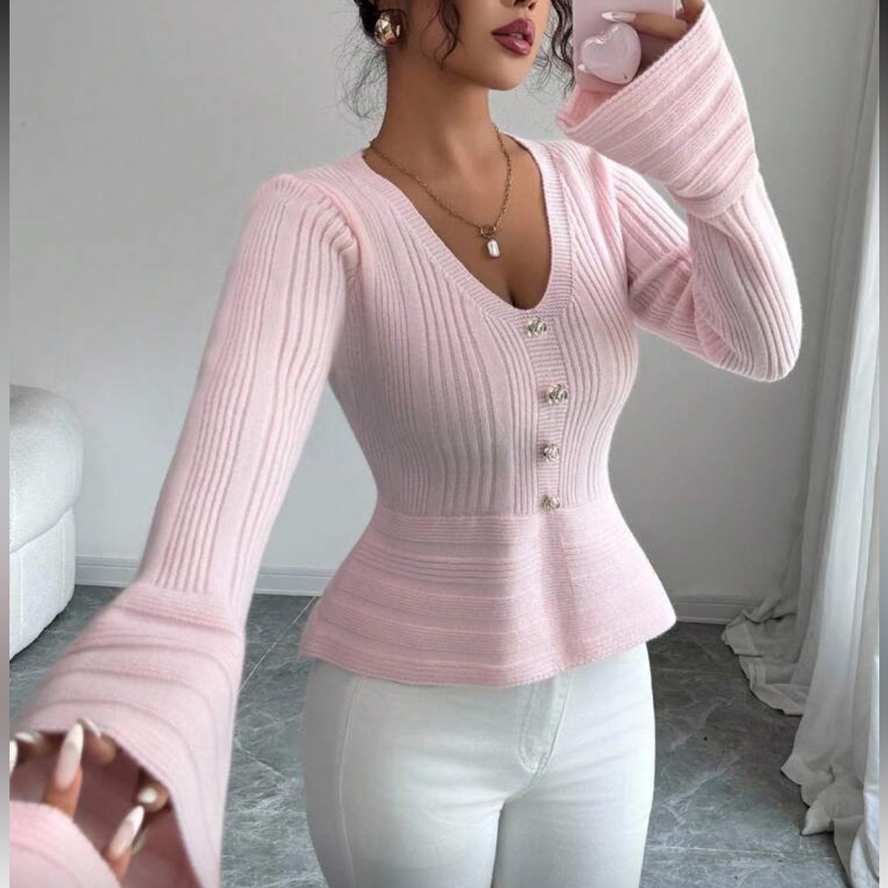 Pink Ribbed Button-Up Sweater - Picture 1 of 15